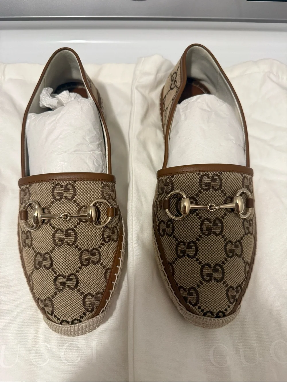 Gucci Beige Brown GG Canvas Horsebit Slip-On Loafers